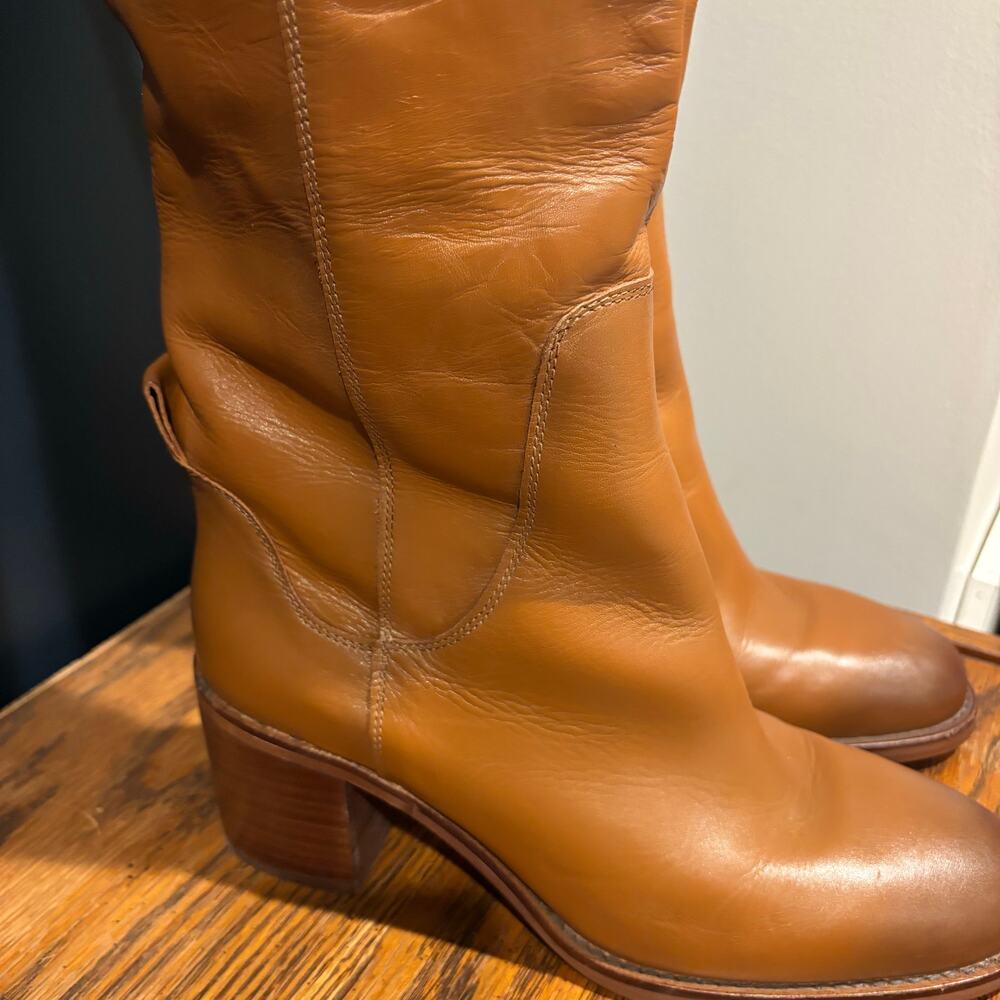 Zara Leather Knee High Block Heel Pull On Boots - Picture 3 of 15